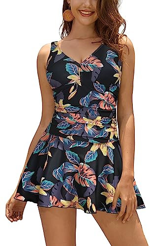 SHEKINI Donna Costume da Bagno con Gonna One Piece Dimagrante Costume Intero con Coppe Soffici Vintage Skirted Swimwear Costume Mare Bikini da Spiaggia(S,Nero HD)