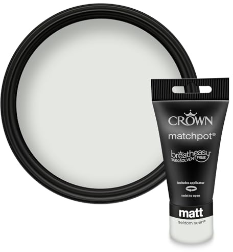 Crown WALLS & CEILINGS White Grey Matt Paint Tester Pot - Sample 40ml | Try Seldom Seen before you buy. See the true colour on your wall, in your own light. Low VOC, low odour, breatheasy