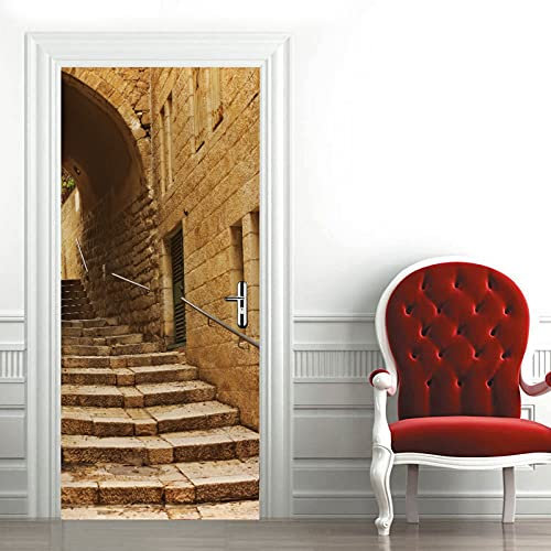 A.Monamour Sticker Porte Autocollant Poster De Porte 3D Ruelle De La Vieille Ville De Jérusalem Israël Vinyle Affiche De Porte Sticker Mural Papier Peint Art Décor 77 x 200 cm