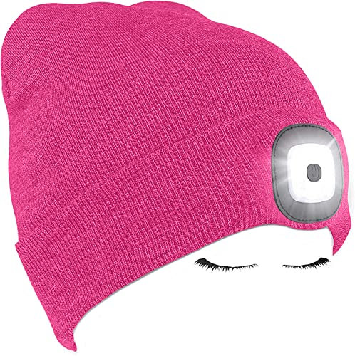Morye LED Mütze mit Licht, Laufmütze Herren Damen Kappe Lampe USB Nachladbare 4 LED Scheinwerferkappe für Warm Cap mit LED Licht für Jogging,Camping,Angeln,Walking/Rose Rot