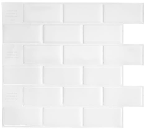 Smart Tiles Stick on splashback Tiles, Subway Pure White, 10.95x9.7 | Pack of 10 (6.3 sq ft), Glossy, Heat/Moisture Resistant, Low VOC, Kitchen/Bathroom, Renter Friendly, Made in Canada