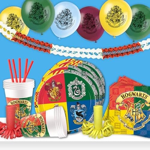 Harry Potter XL Partyset für bis 8 Kids, 148-tlg. für Kindergeburtstag mit Teller, Becher + Deckel, Servietten, Luftballons, Buchstabenbanner, Luftschlangen, Girlande, Ballongirlande
