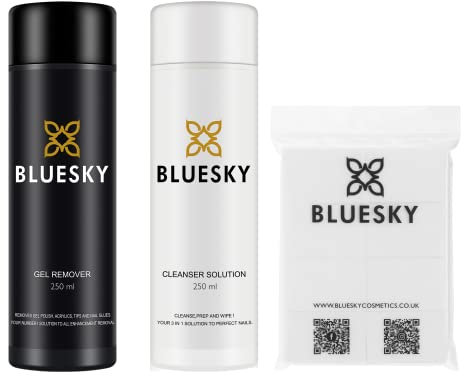 BLUESKY Gel Polish Prep, Wipe and Remove Kit. Acetone Gel Polish Remover 250ml, Cleanser 250ml + Lint Free Wipes x 100. Gel Nail Polish Removal, Prep and After care