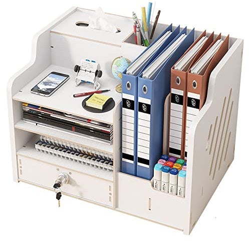 Aktualisierter Schreibtisch-Organizer aus Holz mit Schublade, großes Fassungsvermögen, Schreibtisch-Organizer, A4-Papier-Dokumentensortierer, DIY-Bürobedarf, Aufbewahrungsbox für Zuhause(JB07-2 Weiß)