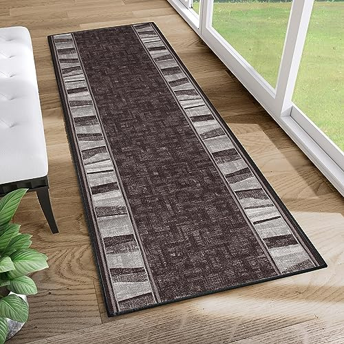 TAPISO Anti Rutsch Teppich Läufer rutschfest Brücke Meterware Modern Dunkelbraun Braun Basalt Viereck Geometrisch Design Flur Küche Wohnzimmer Diele 80 x 550 cm