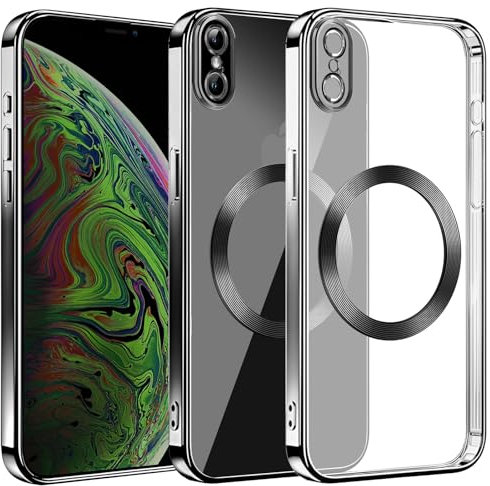 S. Dawezo Klare Magnetische Hülle für iPhone XS Max, kompatibel mit MagSafe, Militärnorm Schutz, Kratzfest, Stoßfest, Schlanke Transparente Silikonhülle für iPhone XS Max Hülle, Schwarz