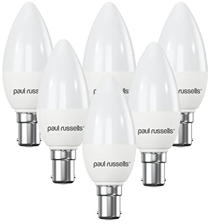 Paul Russells LED Candle – Small Bayonet Fitting Dimmable Light, 5.5W B15 C37 LED Bulbs, 40w Equivalent, 4000K Cool White/Natural White, Dimmer SBC Energy Saving Ceiling Lightsbulbs, Pack of 6