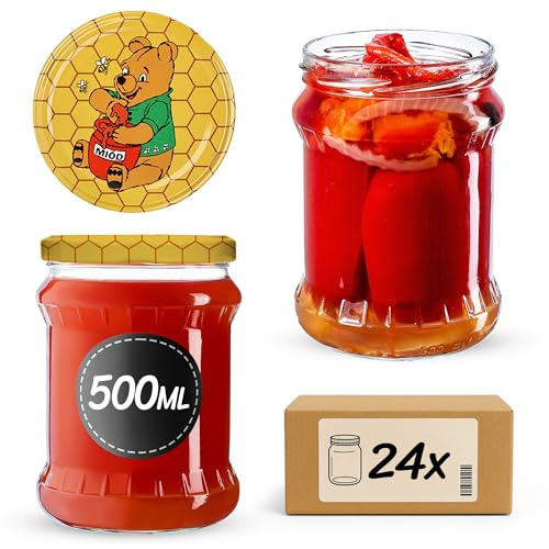 KADAX 24er Set Einmachgläser 500ml TO82 Winnie Puuh, Sturzgläser Mason Jar mit Schraubdeckel, Luftdichte Twist-off Gläser, Meal Prep, Overnight Oats, Sauerteig