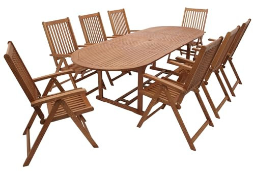 DEGAMO Garten Outdoor Sitzgruppe LAGO in XL-Ausführung, 9-teilig: 8X Klappsesessel verstellbar, 1x Ausziehtisch 260x100cm oval, Eukalyptus-Holz, braun geölt