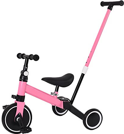 Triciclo Bambini, Triciclo Bimba e Bimbo con Maniglione ad Altezza Regolabile, Max 25 kg, Giochi per Bambini 18 Mesi, 2-5 Anni, Ruote Silenziose, Asta di Spinta-3 in 1 (rosa)