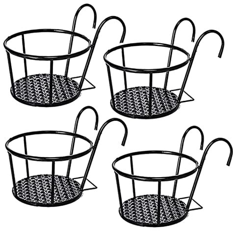 Blumentopfhalter Zum Aufhängen, Metall, Rund, Geländer, Pflanzkörbe, Balkon-blumentopfhalter, Blumentopfhalter Zum Aufhängen, Blumenständer, Balkon-pflanzgefäße Für Geländer, Schwarz, 4 Stück