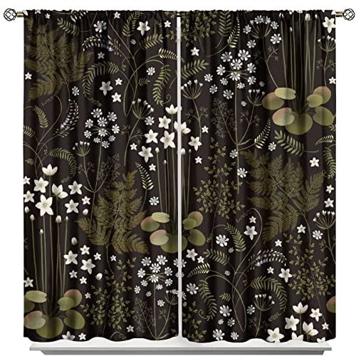 JanJCurt Forest Plant Kitchen Blackout Curtains,Rustic Field Wild Flower Herbal Fern Water Lily Wild Pea,Vintage Farmhouse Natural Floral Window Drapes for Living Room,Black Background 42x45 Inch
