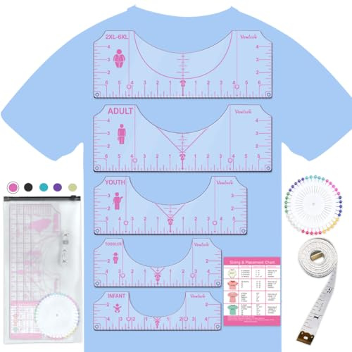 Vowlove Tshirt Ruler Guide Vinyl Alignment Tool - Sublimation Accessories, T Shirt rulers to Center Designs, Transparent V-Neck/Round PVC Ruler for Adult Youth Toddler Infant 2XL-6XL