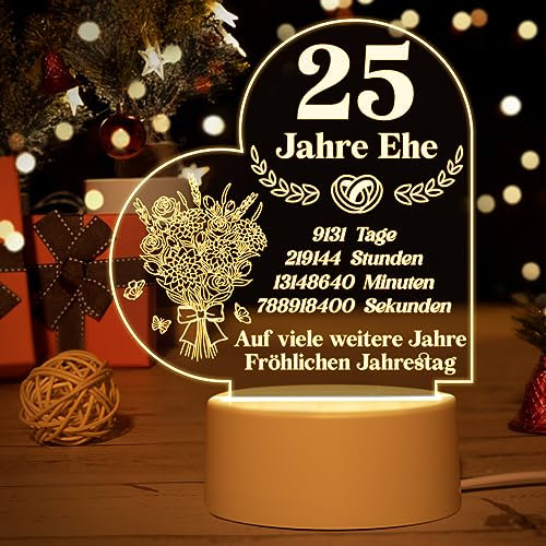 Vetbuosa Silberhochzeit Geschenk, Geschenke zur Silberhochzeit, Geschenk Silberhochzeit, Geschenk zur Silberhochzeit, Geschenk Silberhochzeit Freunde, 25 Hochzeitstag Geschenk, Acryl Nachtlampe