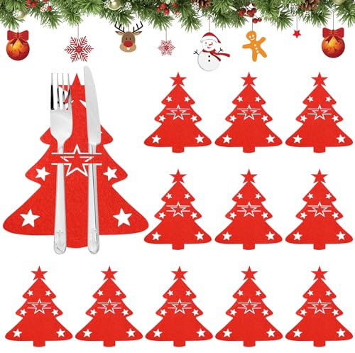 KOIROI Besteckhalter Weihnachten Filz, 12 Stück Bestecktasche Weihnachten, Weihnachtsbesteck Beutel, Weihnachtsbaum Muster, Weihnachtsdeko Tisch, Bestecktasche Filz für Weihnachten Tisch Dekoration