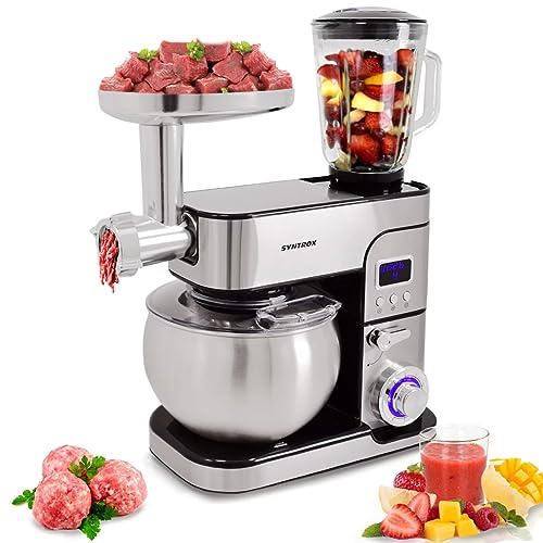 Syntrox Germany Küchengerät Kagus Edelstahl 6 Liter Küchenmaschine & Fleischwolf, Knethaken, Schneebesen, LED-Display, Timerfunktion, 1300 Watt, einfache Bedienung (Schwarz)