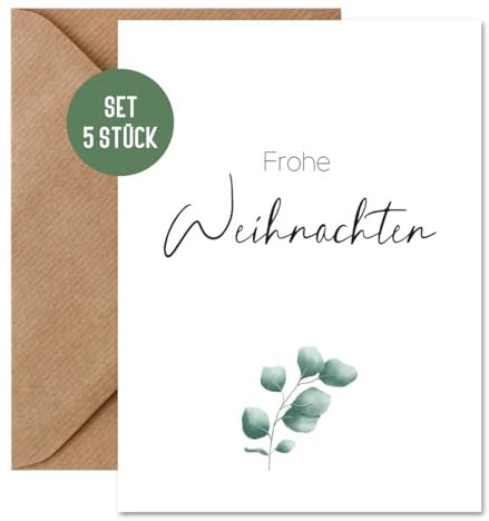 5 Stück Weihnachtskarte – Karte Weihnachten DIN A6 (10,5 x 14,8 cm) | Karte aus Naturpapier für Weihnachtswünsche und Neujahrswünsche inkl. 5 Umschläge | floral Eucalyptus (Weihnachten 5 Stück)