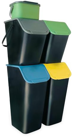 Go Practic Küchen Mülleimer Set 4 Stück: 2x 35L + 2x 25L + 1x 4,5L mit Deckel, Recycling Mülltrennsystem, Abfallbehälter zur Trennung, Click-Funktion, Robuster, Kunststoff, Müllbehälter +Filter