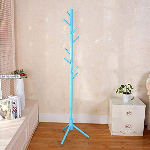 LEOSHI Garderobenständer, Holzgarderobe mit 8 Haken, Bodenaufhänger, geeignet für Schlafzimmer, Wohnzimmer und Büro (Rosa, Grün, Blau), Blau Made in China