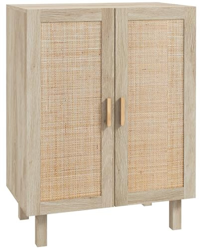 HOMCOM Aparador 2 Puertas de Rejilla de Ratán Aparador para Salón Bohemio con Estantes Ajustables para Comedor Entrada Dormitorio Natural 73x41x102 cm