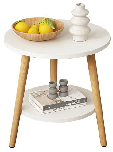 SINBINTA Runder Beistelltisch, 2 Etagen, weißer Sofa-Beistelltisch, kleine Tischplatte, Kaffeesnack, Teetisch, moderner Stil, Nachttisch für Wohnzimmer, Schlafzimmer, Balkon und kleinen Raum