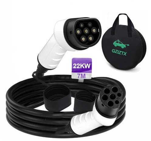 Gziztx Cavo di ricarica tipo 2, 32 A/22 kW, 3 fasi, 7 metri, tipo 2 su tipo 2 EV, cavo di ricarica per auto elettrica con custodia per il trasporto… (7 m 22 KW)