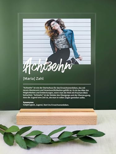 Achtzehn Geschenk personalisiert - Acryl Geschenk - Definition: Achtzehn - 18 Geburtstag Deko, 18 Geburtstag Mädchen, 18 Geburtstag Junge, 18 Geburtstag Geschenk, 18 Geburtstag Deko Junge