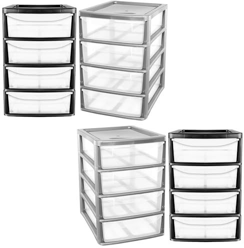 Black Or Silver A4 Table Top Desk Top Plastic Lightweight Storage Unit | Compact Bedside Organiser With 4 Drawers