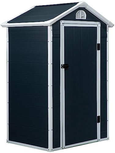 Outsunny Abri à Outils Armoire de Jardin 1,40 m² en résine polypropylène - 1 Porte verrouillable, 1 fenêtre et 1 Grille d'aération - 134 x 104 x 204 cm Gris foncé