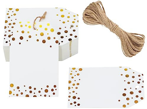 G2PLUS Geschenkanhänger mit Folien Goldpunkte, Weiß Geschenk Anhänger mit Schnur, 50 Stück Papier Etiketten für Geschenkverpackung, Geburtstag, Weihnachten