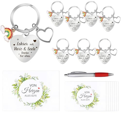 HONMOK 8 Sets Dankeschön Geschenke für Lehrerin Lehrer mit Herz Schlüsselanhänger mit Dankeskarten Stift Erzieherin Abschiedsgeschenk Abitur Geschenke für Lehrerin Erzieherin Grundschule Kindergarten