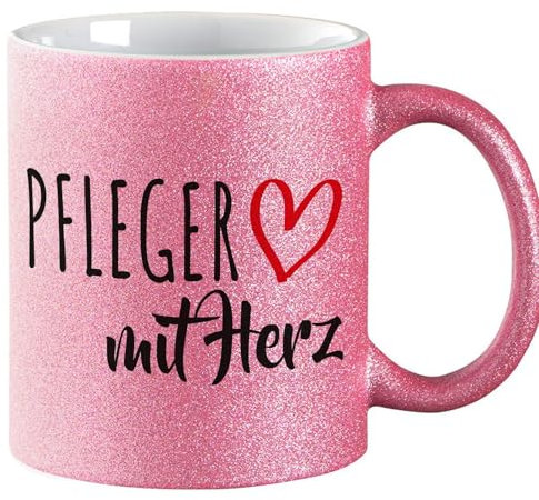 Huuraa Glitzer Kaffeebecher Pfleger mit Herz Geschenk 330ml Pink Pfleger Mitbringsel