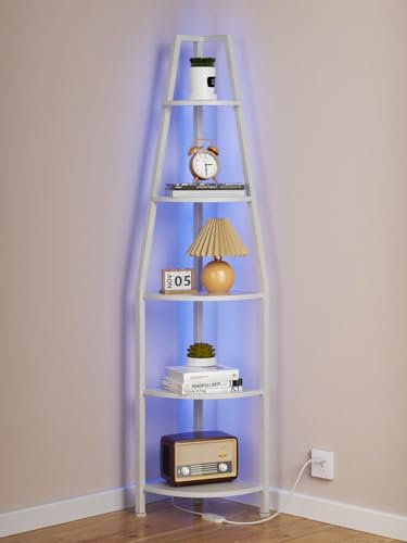 Furnulem Mensola angolare a 5 ripiani con luce a LED, 170,7 cm di altezza, per angolo da parete, libreria stretta per camera da letto, soggiorno, piante, scaffale in legno, struttura in metallo