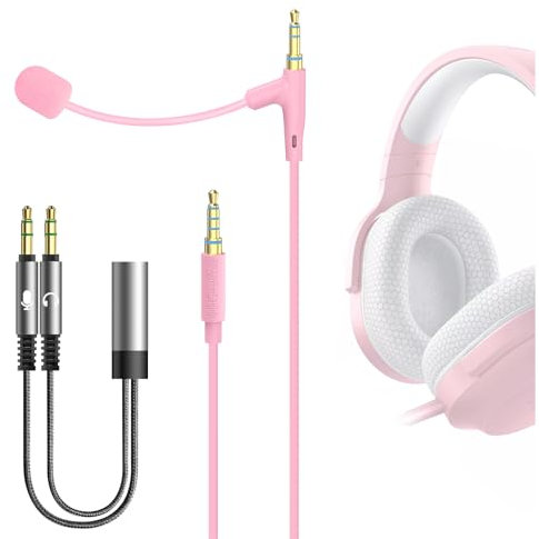 GEEKRIA NOVA Boom Mic Headphones Cable Compatible with Sony, Skullcandy, Beats, JBL, 3.5mm Jack Replacement Cord for Gaming & Meeting (5.6ft / Pink)
