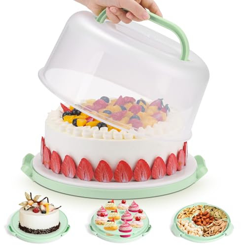 Cake Carrier with Lid and Handle, Cake Containers Cake Holder for 10 inch Cake with 2 Handles Cupcake Carrier - Plastic Cover Two Sided Base for Transport Pie Nuts Fruit Perfect Gifts，BPA-Free