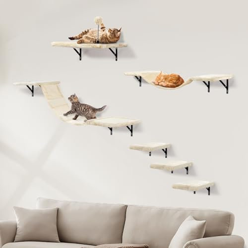 Katzen kletterwand XXL Set mit Katzentreppe Wand, Katzenbaum Hängematte,Katzenbrücke,Kratzbrett und Kratzbaum,Katzenwandmöbel Set - 6 Teiliges Katzen Wandelemente für Katzen Catwalk (Beige)