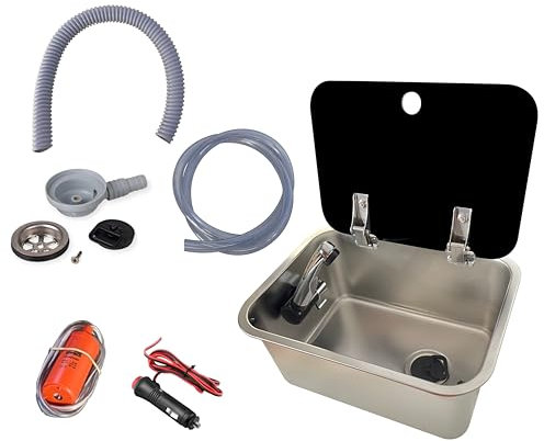 kit fregadero camper 12v 36x27x15 ideal para tu caravana o camper, incluye grifo comet london agua fria, desague 90 grados, bomba sumergible 10L 12v, conducto agua limpia (1M) y conducto agua sucia