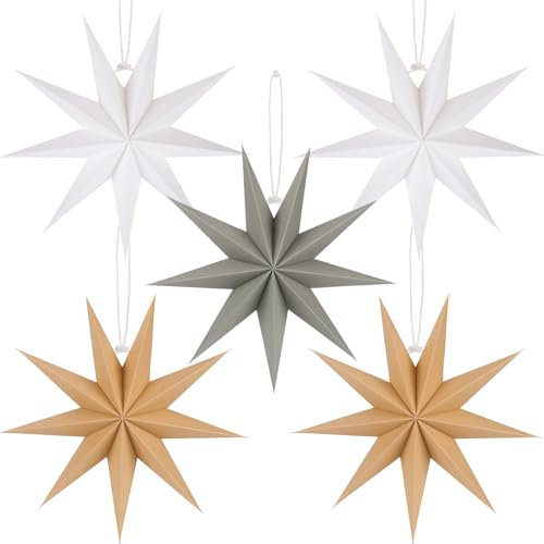 BestoFun 5 Stück Papiersterne Weihnachten Braun 30cm Grau 9 Zacken Papiersterne Faltsterne Aufhängen Weiß Weihnachten Dekoration für Tischdeko Weihnachten Zimmer Hochzeit
