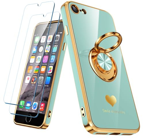 Nonional Compatible for iPhone 6 / 6s Case with 2 Pack Screen Protector, 360° Rotatable Ring Holder [Luxury Hearts Pattern] Plating Gold Edge Slim Soft Phone Case for iPhone 6 / 6s - Mint