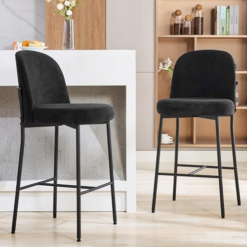 LONXIU Barhocker 2er Set Barstuhl mit Rückenlehne und Fußstütze, Sitzhöhe 71cm Barstuhl Küchenstuhl Bouclé-Gewebe Metallgestell, Hausbar, Esszimmer, Schwarz