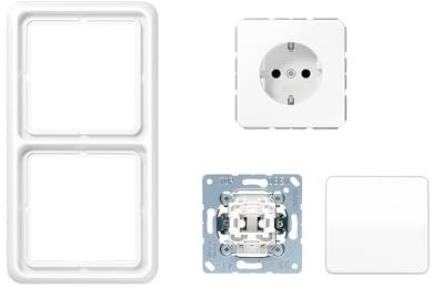 Jung Serie CD Komplett-Set Alpinweiß: CD590WW Wippe f. Schalter/Taster + 506U Wippschalter Universal Aus-Wechsel + CD1520WW SCHUKO Steckdose + CD582WW Rahmen 2fach