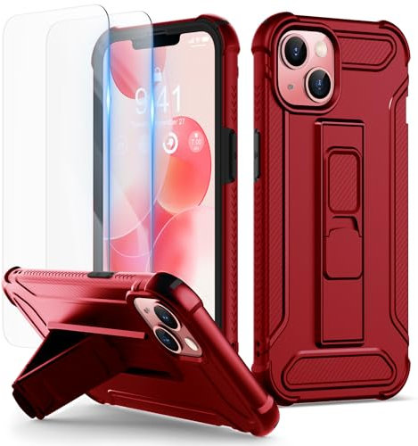 ORETECH for iPhone 13 Case, and [2 Pack 9H Anti-Scratch Tempered Glass Screen Protector] [Built-in Kickstand] Military Grade Shockproof Ultra Thin Silicone Bumper PC Hybrid Cover - Red