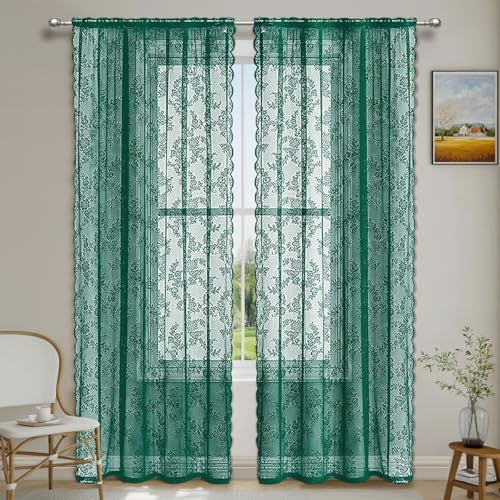 Whakano 2 Stück Spitze Vorhänge Dekorative Gardinen,Blumen Muster Gardinen Transluzente Verdunklung Gardinen für Küche Wohnzimmer Luftig Dekoschal für Schlafzimmer,Heimdekoration,Grün,W100xL200cm