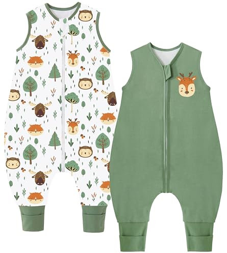 Chilsuessy Baby Schlafsack mit Füßen 2er Pack 1.5 Tog Kinder Ganzjahres Schlafsack 100% Baumwolle Baby Schlafsack mit Beinen, 1.5 Tog/Grün + Wald Tiere, 70cm/Baby Höhe 75-85cm
