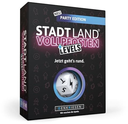 DENKRIESEN - Stadt Land Vollpfosten® Levels – Party Edition | 60 Karten inkl. Blitzwürfel | ab 8 Jahren 2-6 Spieler | ca. 30-60 min | Familienspiel & Gesellschaftsspiel | Stadt Land Fluss Partyspiel