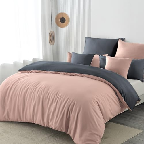 Nesture Bettwäsche 135x200 3teilig Mikrofaser, Rosa/Anthrazit | 1x Bettbezug 135x200 + 1x Kissenbezug 80x80+ 1x Kissenbezug 40x80cm, Bettwäsche-Sets Wendebettwäsche, weich & bügelfrei,