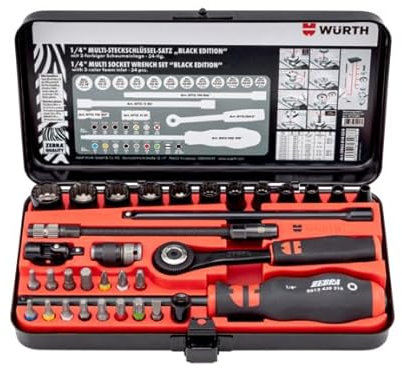 Würth Black Edition, set di chiavi a bussola a cricchetto, 34 pezzi, chiave a cricchetto 1/4 di pollice con connettore a due componenti, custodia chiavi a base in acciaio cromato nero, basi multiple