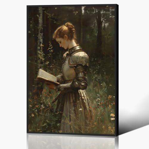 GAINOW Wandkunst „Lady Knight Reading In The Forest“, Ölgemälde „Frau mit Ritter“ im Vintage-Stil, mittelalterliches Fantasy-Poster auf Leinwand, Dark Academia-Bild mit Wildblumenfeld 60x90cm gerahmt