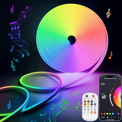 Lamomo RGB LED Streifen 5M, Neon LED Strip mit App Steuerung, 12V Bluetooth Farbwechsel Led Leiste, Musik Sync Indirekte Beleuchtung Band für Wohnzimmer,Schlafzimmer,Spielzimmer