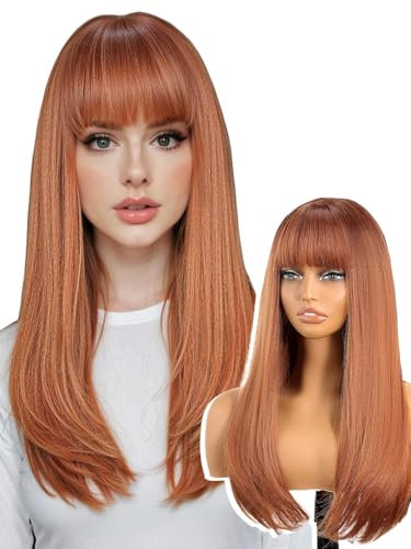 PORSMEER 70cm Lange Gerade Kupfer Perücken mit Pony für Frauen Natürliche Kunsthaar Haare Perücken für täglichen/Karneval/Fasching Halloween Kostüm Party (Auburn)